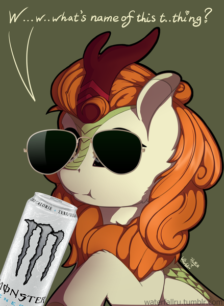 Size: 1280x1749 | Tagged: suggestive, artist:waterfallru, banned from derpibooru, deleted from derpibooru, derpibooru import, edit, autumn blaze, kirin, sounds of silence, autumn blaze finding out things, can, cheek fluff, cute, energy drink, female, green background, leg fluff, phallic symbol, raised hoof, simple background, sitting, solo, sunglasses, :t, text