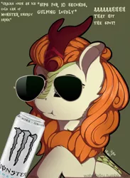 Size: 1280x1749 | Tagged: safe, artist:waterfallru, banned from derpibooru, deleted from derpibooru, derpibooru import, edit, autumn blaze, kirin, sounds of silence, autumn blaze finding out things, boomer, can, cheek fluff, cute, energy drink, female, green background, leg fluff, monster energy, raised hoof, simple background, sitting, solo, sunglasses, :t, text