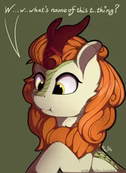Size: 1280x1749 | Tagged: safe, artist:waterfallru, banned from derpibooru, deleted from derpibooru, derpibooru import, edit, autumn blaze, kirin, sounds of silence, autumn blaze finding out things, cheek fluff, cross-eyed, cute, explicit source, female, green background, leg fluff, looking at something, raised hoof, sfw edit, simple background, sitting, solo, :t, text