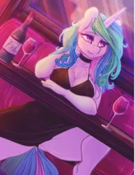 Size: 308x397 | Tagged: suggestive, artist:dimwitdog, banned from derpibooru, deleted from derpibooru, derpibooru import, edit, princess celestia, anthro, breasts, cleavage, cropped, solo