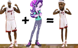 Size: 1000x625 | Tagged: safe, banned from derpibooru, deleted from derpibooru, derpibooru import, starlight glimmer, human, equestria girls, basketball, beanie, body proportions, clothes, comparison, crossed arms, equestria girls-ified, hat, headband, irl, irl human, lebron james, meme, not salmon, photo, photoshop, proportions, simple background, sports, tall, transparent background, uniform, wat