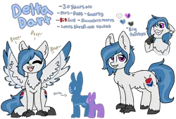 Size: 1380x940 | Tagged: safe, artist:nootaz, banned from derpibooru, deleted from derpibooru, derpibooru import, oc, oc:delta dart, unofficial characters only, hippogriff, cute, reference sheet, sharp teeth, simple background, size difference, talons, teeth, text, transparent background, wings