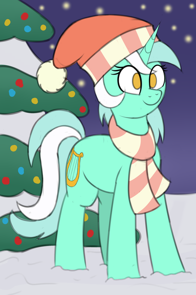 Size: 2000x3000 | Tagged: safe, artist:seductive pony, banned from derpibooru, deleted from derpibooru, derpibooru import, lyra heartstrings, pony, unicorn, christmas, christmas tree, clothes, female, hat, holiday, mare, scarf, sketch, smiling, snow, solo, tree