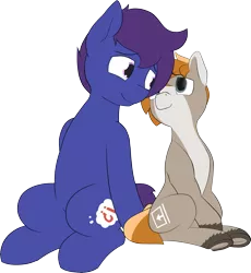 Size: 1710x1862 | Tagged: safe, artist:expression2, artist:triplesevens, banned from derpibooru, deleted from derpibooru, derpibooru import, oc, oc:itu, oc:lucid dream, unofficial characters only, earth pony, pony, 2019 community collab, derpibooru community collaboration, looking at each other, simple background, sitting, transparent background