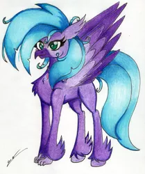 Size: 2391x2861 | Tagged: safe, artist:luxiwind, banned from derpibooru, deleted from derpibooru, derpibooru import, oc, oc:air symphony, unofficial characters only, classical hippogriff, hippogriff, colored pencil drawing, female, solo, traditional art