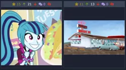 Size: 477x265 | Tagged: safe, banned from derpibooru, deleted from derpibooru, derpibooru import, pinkie pie, sonata dusk, derpibooru, equestria girls, car, diner, juxtaposition, juxtaposition win, meme, meta