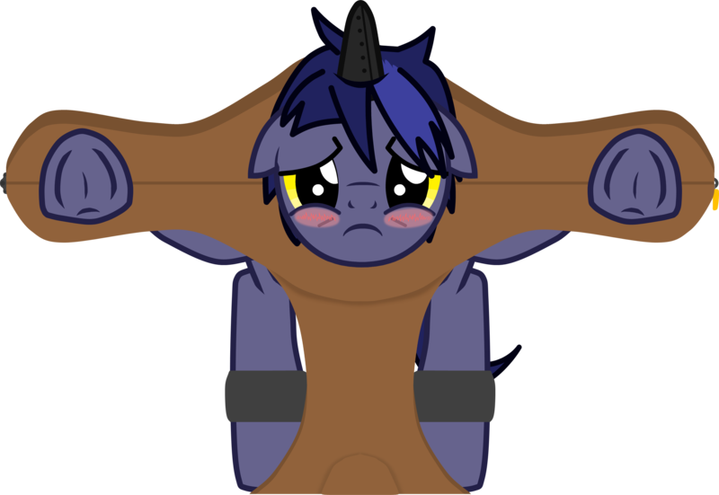 Size: 3151x2170 | Tagged: safe, artist:feathertrap, banned from derpibooru, deleted from derpibooru, derpibooru import, oc, oc:rainy day, unofficial characters only, pony, unicorn, pony creator, 1000 hours in gimp, blushing, bondage, embarrassed, floppy ears, hooves up, horn, horn cap, looking at you, magic suppression, male, malesub, prisoner, punishment, shackles, simple background, solo, stallion, stocks, submissive, this will end in tickles, transparent background, vector