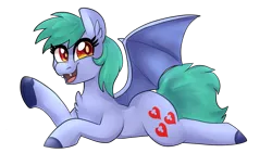 Size: 1920x1080 | Tagged: safe, artist:shibaroll, banned from derpibooru, deleted from derpibooru, derpibooru import, oc, oc:brensa, bat pony, pony, bat pony oc, bat wings, chest fluff, commission, fangs, female, looking at you, lying down, mare, open mouth, simple background, smiling, solo, transparent background, wings, ych result