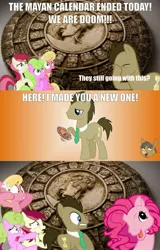 Size: 2348x3673 | Tagged: safe, artist:atrolux, banned from derpibooru, deleted from derpibooru, derpibooru import, daisy, doctor whooves, flower wishes, lily, lily valley, pinkie pie, roseluck, time turner, 2012 phenomenon, caption, flower trio, image macro, mayan apocalypse, mayan calendar, necktie, text