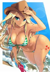 Size: 1936x2812 | Tagged: suggestive, artist:chigusa, banned from derpibooru, deleted from derpibooru, derpibooru import, applejack, human, abs, applebucking thighs, barefoot, beach, big breasts, bikini, breasts, busty applejack, clothes, cowboy hat, curvy, cutie mark on human, feet, female, hat, huge breasts, humanized, image, impossible thunder thighs, impossibly large thighs, impossibly wide hips, jpeg, looking at you, muscles, sandals, smiling, solo, solo female, stetson, striped bikini, striped swimsuit, swimsuit, thighs, thunder thighs, water, wide hips