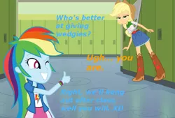 Size: 834x563 | Tagged: safe, banned from derpibooru, deleted from derpibooru, derpibooru import, applejack, rainbow dash, equestria girls, acceptance, applewedgie, canterlot high, clothes, gray underwear, hanging, hanging wedgie, lockers, one eye closed, underwear, wedgie, wink