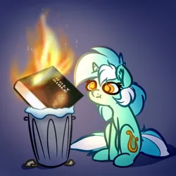 Size: 1024x1024 | Tagged: safe, artist:witchtaunter, banned from derpibooru, deleted from derpibooru, derpibooru import, edit, lyra heartstrings, pony, unicorn, background pony strikes again, bible, book, cutie mark, ear fluff, female, fire, mare, politically incorrect, religion, solo, trash can