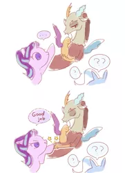 Size: 1000x1385 | Tagged: safe, artist:kkmrarar, banned from derpibooru, deleted from derpibooru, derpibooru import, discord, starlight glimmer, trixie, pony, unicorn, dialogue, fist bump, hoofbump