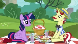 Size: 1193x670 | Tagged: safe, artist:purplewonderpower, banned from derpibooru, deleted from derpibooru, derpibooru import, flam, twilight sparkle, alicorn, apple, basket, female, food, male, muffin, park, picnic basket, picnic blanket, sandwich, shipping, straight, twiflam, twilight sparkle (alicorn)