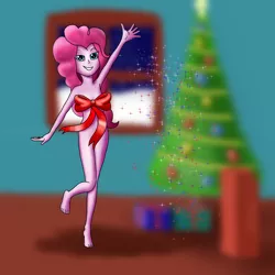 Size: 4000x4000 | Tagged: suggestive, anonymous artist, banned from derpibooru, deleted from derpibooru, derpibooru import, pinkie pie, equestria girls, christmas, christmas tree, gift wrapped, heartwarming, holiday, partial nudity, present, ribbon, ribbon bikini, strategically covered, tree