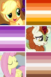 Size: 548x826 | Tagged: safe, artist:prideponies, banned from derpibooru, deleted from derpibooru, derpibooru import, screencap, applejack, autumn blaze, fluttershy, sounds of silence, lgbt, lgbt headcanon, pride