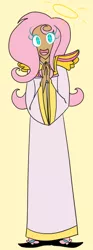 Size: 280x750 | Tagged: safe, artist:winterwithers, banned from derpibooru, deleted from derpibooru, derpibooru import, fluttershy, human, friendship is witchcraft, cult leader fluttershy, cult of smooze, halo, hands together, humanized, no nose, praise lord smooze, simple background, solo, starry eyes, tan skin, wingding eyes, yellow background