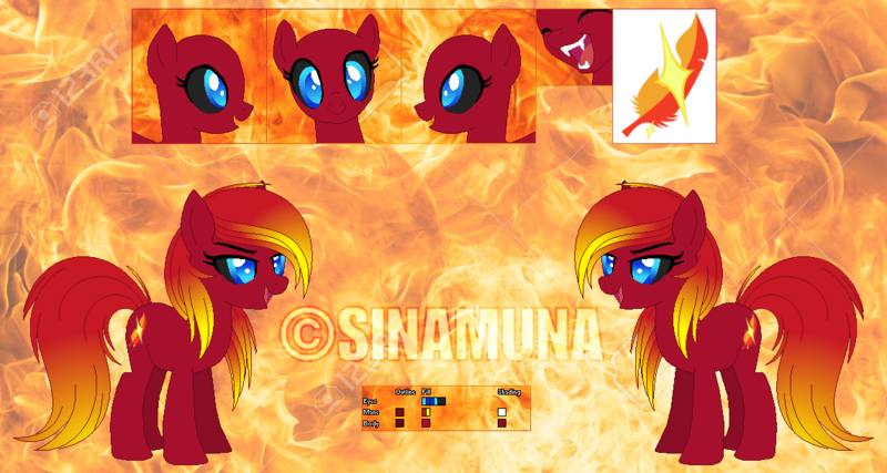 Size: 1146x611 | Tagged: safe, artist:sinamuna, banned from derpibooru, deleted from derpibooru, derpibooru import, oc, oc:paragon ire, unofficial characters only, earth pony, pony, base used, black sclera, blue eyes, fangs, female, fiery eyes, fiery mane, mare, phoenix pony, reference sheet, solo