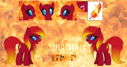 Size: 1146x611 | Tagged: safe, artist:sinamuna, banned from derpibooru, deleted from derpibooru, derpibooru import, oc, oc:paragon ire, unofficial characters only, earth pony, pony, base used, black sclera, blue eyes, fangs, female, fiery eyes, fiery mane, mare, phoenix pony, reference sheet, solo