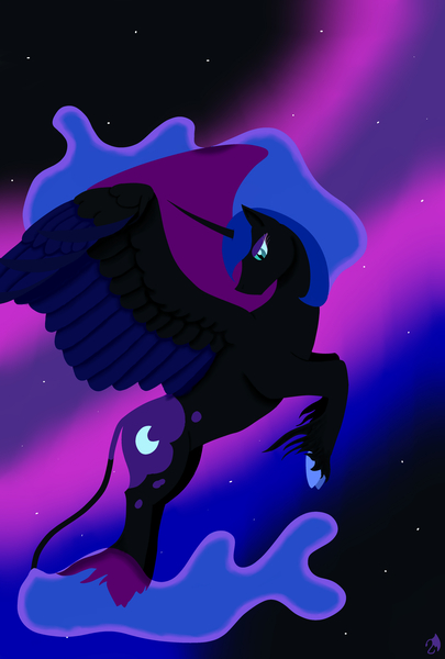 Size: 3258x4821 | Tagged: safe, artist:trooperette, banned from derpibooru, deleted from derpibooru, derpibooru import, nightmare moon, alicorn, pony, cutie mark, ethereal mane, female, flying, leonine tail, mare, missing accessory, solo, space, stars, unshorn fetlocks