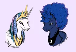 Size: 845x579 | Tagged: safe, artist:turtleponys, banned from derpibooru, deleted from derpibooru, derpibooru import, princess celestia, princess luna, alicorn, pony, afro, alternate hairstyle, bust, dreadlocks, duo, egyptian, female, jewelry, makeup, mare, pink background, ra celestia, regalia, simple background