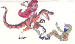 Size: 4484x2676 | Tagged: safe, artist:smcho1014, banned from derpibooru, deleted from derpibooru, derpibooru import, jewelry thief (character), oc, oc:mezma, dinosaur, equestria girls, colored pencil drawing, female, humans riding dinosaurs, hybrid dinosaur, male, purrolyth, thief, traditional art
