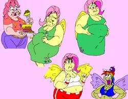 Size: 775x600 | Tagged: safe, artist:applelight limited, artist:catstuxedo, banned from derpibooru, deleted from derpibooru, derpibooru import, fluttershy, pinkie pie, rainbow dash, human, bbw, belly, belly button, belly lift, big belly, breasts, cake, cleavage, clothes, dress, exercise, fat, fattershy, female, food, humanized, midriff, muscles, obese, piggy pie, pudgy pie, sports bra, weight gain