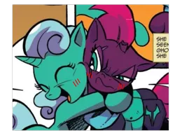 Size: 1399x1080 | Tagged: safe, artist:andypriceart, artist:徐詩珮, banned from derpibooru, deleted from derpibooru, derpibooru import, edit, idw, glitter drops, tempest shadow, spoiler:comic, spoiler:comic67, eyes closed, female, glittershadow, hug, lesbian, not amused face, shipping, tempest shadow is not amused, unamused