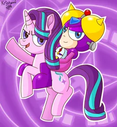 Size: 2932x3191 | Tagged: safe, artist:kristanni20x6, banned from derpibooru, deleted from derpibooru, derpibooru import, starlight glimmer, pony, unicorn, crossover, female, male, mare, megaman, rearing, riding, robot master, this will end in timeline distortion, timeman, xk-class end-of-the-world scenario