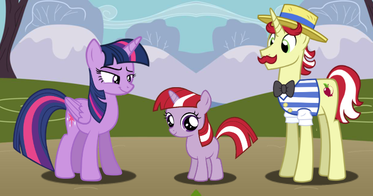 Size: 757x398 | Tagged: safe, artist:purplewonderpower, banned from derpibooru, deleted from derpibooru, derpibooru import, flam, twilight sparkle, oc, oc:starry velvet, alicorn, daughter, female, male, next generation, parents:twiflam, princess, shipping, straight, twiflam, twilight sparkle (alicorn)