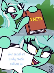Size: 760x1015 | Tagged: safe, artist:quarium edits, banned from derpibooru, deleted from derpibooru, derpibooru import, edit, editor:fang, lyra heartstrings, pony, unicorn, 2 panel comic, bipedal, book, comic, ed edd n eddy, exploitable, exploitable meme, female, glare, haters gonna hate, hoof hold, image macro, lidded eyes, lyra's fact book, mare, meme, op is wrong, open mouth, pointing, smiling, smirk, solo, template, twilight's fact book, wide eyes
