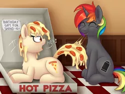 Size: 4000x3000 | Tagged: safe, artist:seductive pony, banned from derpibooru, deleted from derpibooru, derpibooru import, oc, oc:krylone, oc:mozzarella orgy, ponified, unofficial characters only, food pony, original species, pizza pony, pony, unicorn, biting, eating, food, image, meat, multicolored hair, pepperoni, pizza, pizza box, png, rainbow hair, shinodage's birthday, style emulation, tail bite, that pony sure does love pizza, tinyface