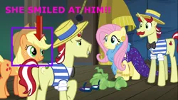 Size: 1024x576 | Tagged: safe, artist:purplewonderpower, banned from derpibooru, deleted from derpibooru, derpibooru import, edit, edited screencap, screencap, applejack, flam, flim, fluttershy, gladmane, pony, viva las pegasus, female, flim flam brothers, flimjack, las pegasus, male, ponies standing next to each other, shipping, straight