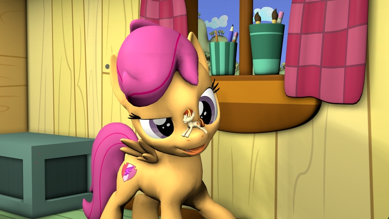 Size: 5120x2880 | Tagged: safe, artist:jeroen01, banned from derpibooru, deleted from derpibooru, derpibooru import, scootaloo, oc, earth pony, pegasus, pony, 3d, clubhouse, cutie mark, micro, paintbrush, pencil, size difference, the cmc's cutie marks, wallpaper