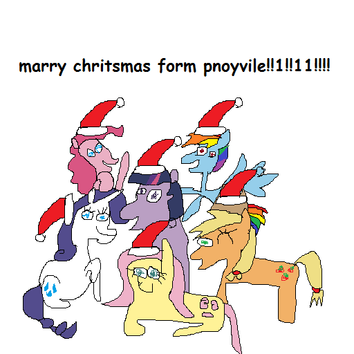 Size: 512x512 | Tagged: safe, artist:dellovan, banned from derpibooru, deleted from derpibooru, derpibooru import, applejack, fluttershy, pinkie pie, rainbow dash, rarity, twilight sparkle, 1000 hours in ms paint, christmas, comic sans, festive, hat, holiday, misspelling, ms paint, one eye closed, open mouth, raised hoof, santa claus, santa hat, simple background, smiling, spread wings, stylistic suck, waving, white background, wings, wink