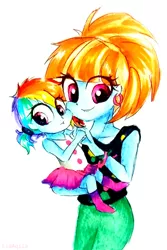 Size: 1959x2938 | Tagged: safe, artist:liaaqila, banned from derpibooru, deleted from derpibooru, derpibooru import, rainbow dash, windy whistles, equestria girls, baby, baby dash, clothes, cute, dashabetes, ear piercing, earring, equestria girls-ified, female, jewelry, like mother like daughter, mother and child, mother and daughter, piercing, smiling, traditional art, younger