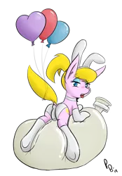 Size: 2458x3540 | Tagged: suggestive, artist:ponballoon, banned from derpibooru, deleted from derpibooru, derpibooru import, oc, oc:lola balloon, unofficial characters only, balloon, balloon fetish, balloon sitting, bunny ears, bunny outfit, bunny suit, clothes, costume, fetish, latex, riding, simple background, solo, straddling, transparent background