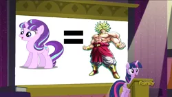 Size: 1366x768 | Tagged: safe, banned from derpibooru, deleted from derpibooru, derpibooru import, edit, edited screencap, screencap, starlight glimmer, twilight sparkle, alicorn, unicorn, the cutie re-mark, 1000 years in photoshop, broly the legendary super saiyan, equal sign, happy, meme, podium, pointless, presentation, projection, shitposting, spotlight