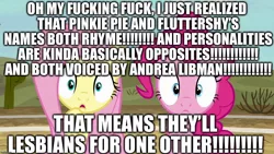 Size: 1280x720 | Tagged: safe, banned from derpibooru, deleted from derpibooru, derpibooru import, edit, edited screencap, screencap, fluttershy, pinkie pie, andrea libman, caption, female, flutterpie, image macro, lesbian, shipping, text, voice actor joke