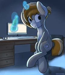 Size: 2000x2300 | Tagged: safe, artist:triplesevens, banned from derpibooru, deleted from derpibooru, derpibooru import, oc, oc:itu, pony, computer, crossed legs, desk, need to pee, nervous, night, potty time, programming, room, soda, solo