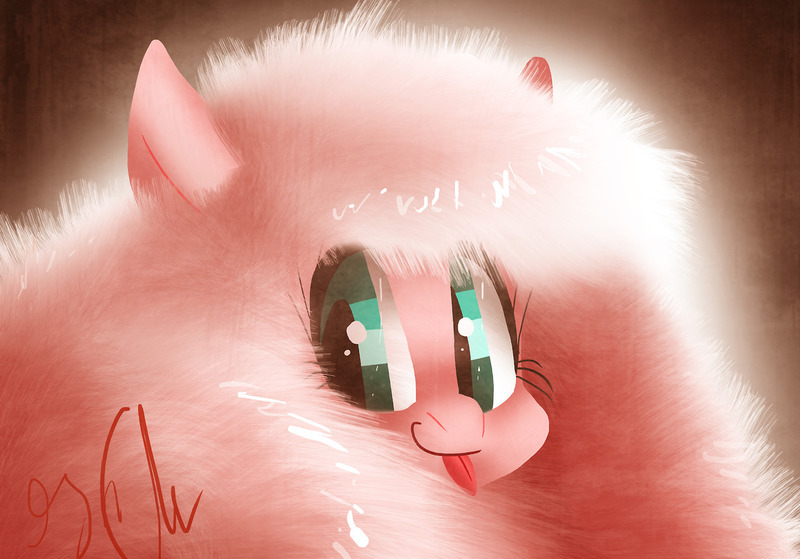 Size: 1280x894 | Tagged: safe, artist:shellielle, banned from derpibooru, deleted from derpibooru, derpibooru import, oc, oc:fluffle puff, unofficial characters only, pony, :p, abstract background, brown background, bust, cute, female, flufflebetes, fluffy, glow, looking at you, mare, portrait, signature, silly, simple background, solo, tongue out