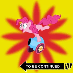 Size: 2000x2000 | Tagged: safe, artist:c00lguy, banned from derpibooru, deleted from derpibooru, derpibooru import, pinkie pie, derpibooru, jojo reference, jojo's bizarre adventure, meme, meta, party cannon, roundabout, spoilered image joke, to be continued, to be continued (meme)