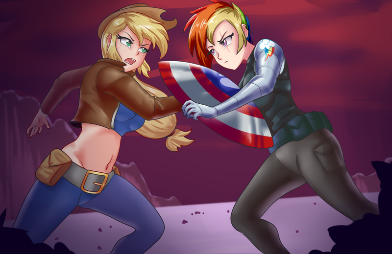 Size: 1899x1232 | Tagged: safe, artist:thebrokencog, banned from derpibooru, deleted from derpibooru, derpibooru import, applejack, rainbow dash, human, alternate timeline, apocalypse dash, captain america, civil war, crossover, crystal war timeline, humanized, marvel, marvel comics, midriff, winter soldier