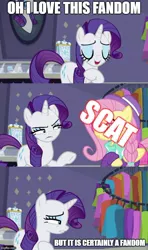 Size: 500x843 | Tagged: suggestive, banned from derpibooru, deleted from derpibooru, derpibooru import, edit, edited screencap, screencap, fluttershy, rarity, pony, fake it 'til you make it, alternate hairstyle, caption, comic, hipster, hipstershy, hooves, image macro, implied scat, it is definitely a fandom meme, meme, raised hoof, text, underhoof