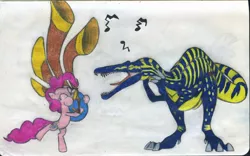 Size: 2454x1531 | Tagged: safe, artist:smcho1014, banned from derpibooru, deleted from derpibooru, derpibooru import, pinkie pie, oc, oc:wild sketchy, dinosaur, earth pony, pony, yakity-sax, colored pencil drawing, covering ears, duo, eyes closed, female, jurassic park, jurassic world, mare, musical instrument, open mouth, suchomimus, traditional art, yovidaphone