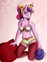 Size: 1500x2000 | Tagged: suggestive, artist:conrie, banned from derpibooru, deleted from derpibooru, derpibooru import, princess cadance, anthro, bedroom eyes, belly button, bow, boyshorts, bra, breasts, cleavage, clothes, condom, female, kneeling, lingerie, looking at you, panties, pillow, ponytail, ribbon, smiling, solo, solo female, stockings, thigh highs, underwear, yellow underwear