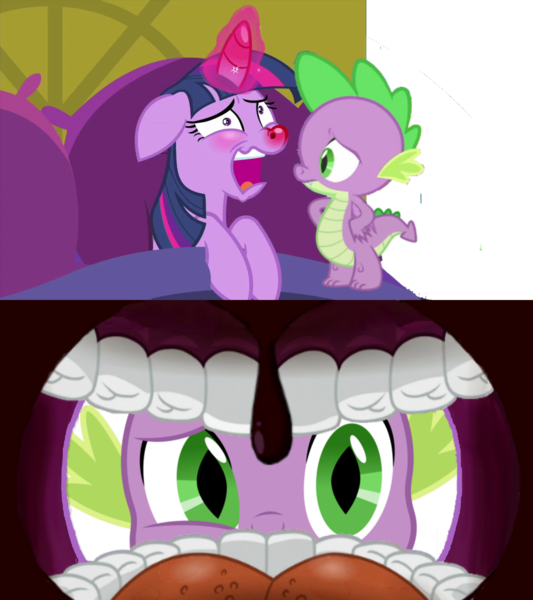 Size: 1280x1440 | Tagged: safe, artist:trini-mite, banned from derpibooru, deleted from derpibooru, derpibooru import, edit, edited screencap, editor:trini-mite, screencap, spike, twilight sparkle, alicorn, dragon, ail-icorn, spoiler:interseason shorts, background removed, bed, duo, horn, mouth cam, red nosed, sick, sicklight sparkle, swollen horn, teeth, twilight sparkle (alicorn), uvula, winged spike
