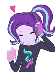 Size: 2000x2558 | Tagged: safe, artist:mlprocker123, banned from derpibooru, deleted from derpibooru, derpibooru import, starlight glimmer, human, equestria girls, base used, blushing, clothes, cute, eyes closed, female, fingerless gloves, glimmerbetes, gloves, headphones, heart, music player, ponytail, simple background, solo, transparent background