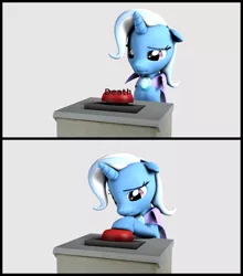 Size: 1930x2190 | Tagged: safe, artist:xppp1n, banned from derpibooru, deleted from derpibooru, derpibooru import, trixie, ponified, pony, unicorn, 3d, button, death, depressed, female, floppy ears, frown, gray background, implied suicide, lidded eyes, mare, ponified animal photo, pressing, raised hoof, sad, simple background, sitting, solo, source filmmaker