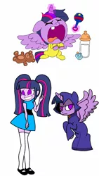 Size: 720x1280 | Tagged: safe, artist:kittythenerd, banned from derpibooru, deleted from derpibooru, derpibooru import, twilight sparkle, twilight sparkle (alicorn), alicorn, pony, ail-icorn, equestria girls, spoiler:interseason shorts, age regression, baby, baby bottle, baby pony, babylight sparkle, bubbles (powerpuff girls), crying, dil pickles, foal, pacifier, rattle, raven (teen titans), rugrats, simple background, tara strong, teddy bear, teen titans, the powerpuff girls, twiraven, voice actor joke, younger